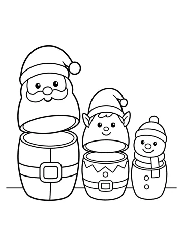 Tres muñecas rusas navideñas abiertas con Santa, un elfo y un muñeco de nieve.