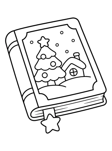 Libro di Natale chiuso con albero innevato, casetta e segnalibro a stella
