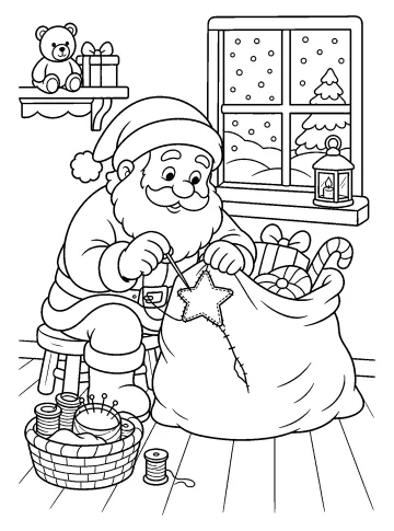 Santa sitting and sewing a star-shaped patch onto a gift sack beside a basket of sewing supplies.