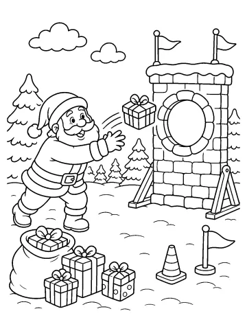 Santa throws a wrapped gift toward a large round target on a brick chimney in the snow.