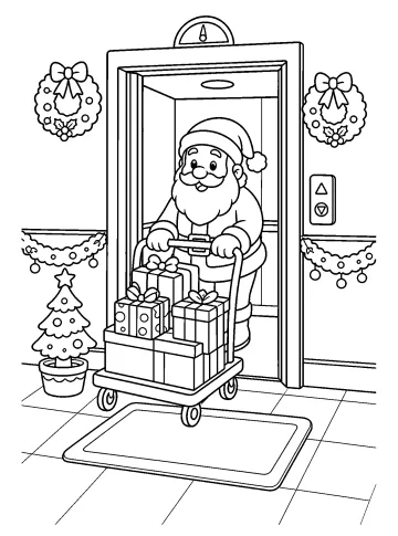 Babbo Natale spinge un carrello carico di regali davanti a un ascensore decorato per Natale.