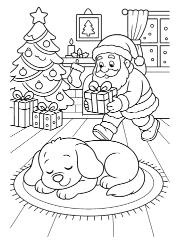 Babbo Natale con un regalo passa accanto a un cane addormentato su un tappeto, vicino all'albero di Natale e ai pacchi.