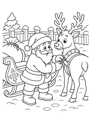 Babbo Natale aggancia le redini al finimento di una renna vicino alla slitta.