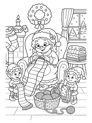 Madame Claus tricote dans un fauteuil avec deux lutins, des pelotes de laine, une longue écharpe et des décorations de Noël.