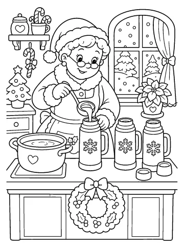 Mevrouw Claus schenkt een warme drank in een thermoskan naast een dampende pan in een kerstkeuken.