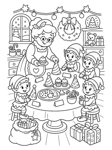 Mevrouw Kerstmis met een schaal lekkernijen naast elfjes rond een kersttafel