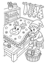 Elfo cosiendo una manta para reno dibujo para colorear PDF gratis