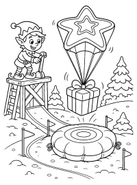 Elfo y regalo con paracaídas de estrella dibujo para colorear PDF gratis
