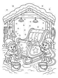 Elfos lavando el trineo de Navidad dibujo para colorear PDF gratis