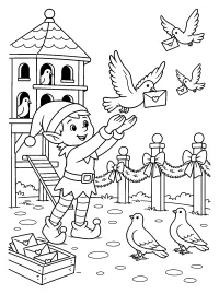 Elfo con piccioni postali natalizi disegno da colorare PDF gratis