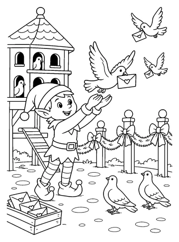 Elfo navideño con palomas mensajeras, cartas y un palomar decorado