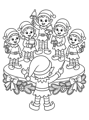 Chef elfe vu de dos dirigeant cinq elfes avec des clochettes sur une scène décorée pour Noël.