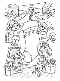Elfos cuelgan un calcetín navideño gigante dibujo para colorear PDF gratis
