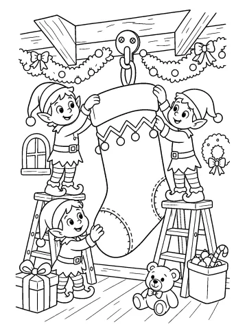 Trois elfes sur deux échelles accrochent une grande chaussette de Noël décorée de boules, avec des cadeaux et un ours en peluche au sol.