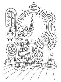 Elfo ajustando un gran reloj dibujo para colorear PDF gratis