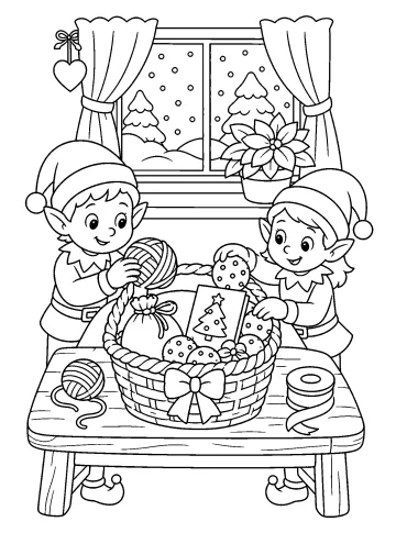 Deux lutins près d'un panier de Noël avec un nœud, des friandises, des pelotes et une carte sur une table.
