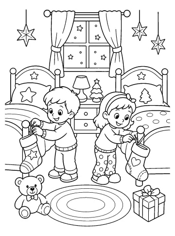 Dos niños sostienen calcetines en un dormitorio navideño, delante de camas, con árbol, regalo y osito.