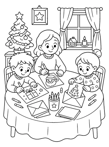 Tres niños sentados a la mesa dibujan imágenes navideñas con un árbol de Navidad al fondo.