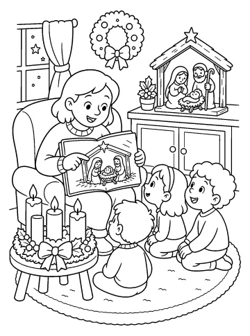 Parent assis dans un fauteuil lisant un livre sur la Nativité à trois enfants près de bougies et d'une crèche