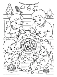 Bambini infilano popcorn per Natale disegno da colorare PDF gratis
