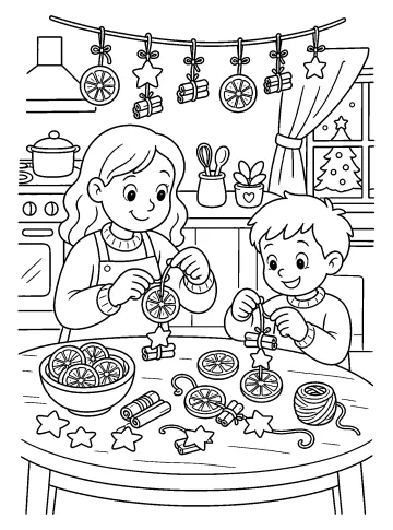 Dos niños hacen adornos navideños con rodajas de naranja, canela, estrellas y cordel sobre una mesa de cocina.