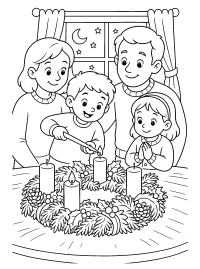 Familie steekt adventskrans aan kleurplaat gratis PDF