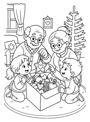 Grands-parents et enfants avec une boîte de décorations près d'un sapin de Noël
