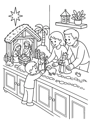 Famille et enfant préparant une crèche de Noël avec une étable, des figurines, un mouton et un chemin sur un meuble.