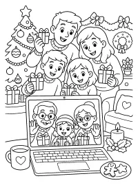 Familia con regalos en videollamada navideña dibujo para colorear PDF gratis