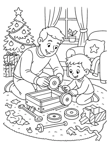 Adulto e bambino seduti sul tappeto montano un carretto di legno con ruote davanti all'albero di Natale e ai regali.