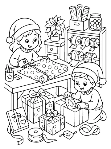 Due bambini incartano regali di Natale a un tavolo con nastri, fiocchi e pacchetti.