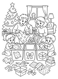 Familie ruimt kerstcadeaupapier op kleurplaat gratis PDF