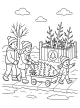 Famiglia con albero di Natale sul carretto disegno da colorare PDF gratis