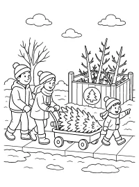 Famiglia con albero di Natale sul carretto disegno da colorare PDF gratis