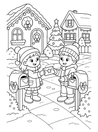 Bambini si scambiano cartoline di Natale disegno da colorare PDF gratis
