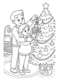 Familia decora el árbol con adorno de cuna dibujo para colorear PDF gratis