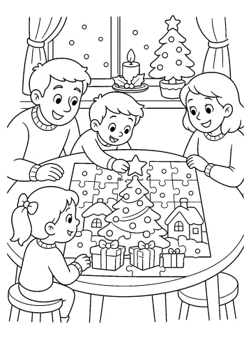 Bambini seduti intorno a un tavolo completano un puzzle di Natale con albero, casa e regali.