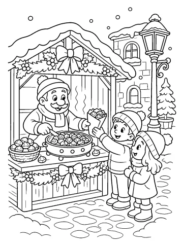 Coloriage d'un marchand de châtaignes dans un stand de Noël avec deux enfants et de la neige