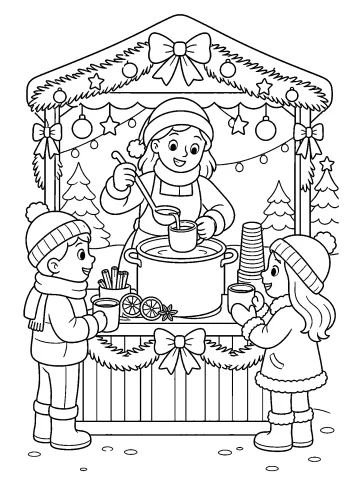 Niña sirviendo una bebida caliente a dos visitantes en un puesto navideño decorado