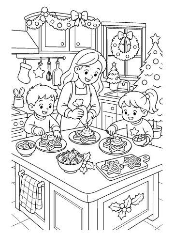 Familia preparando y decorando gofres con forma de estrella en una cocina de Navidad