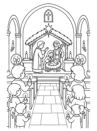 Presepe in chiesa con bambini e candele disegno da colorare PDF gratis