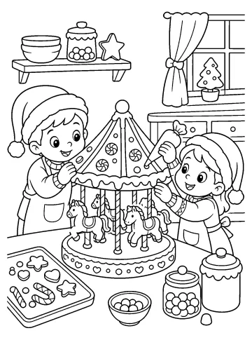 Dos niños decoran un carrusel de galleta de jengibre con caballitos dulces, glaseado y golosinas.