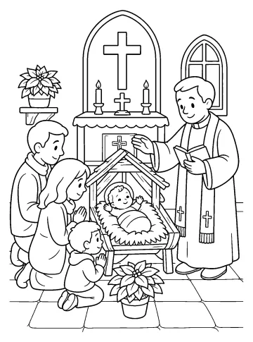 Dibujo para colorear de un sacerdote leyendo junto al belén con una familia arrodillada y el niño Jesús en el pesebre
