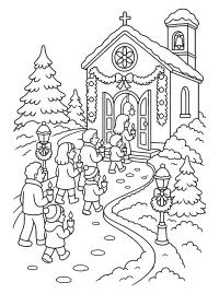 Famiglie con candele davanti alla chiesa disegno da colorare PDF gratis