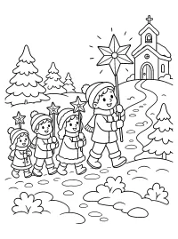 Bambini con stelle verso la cappella disegno da colorare PDF gratis