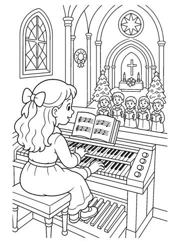 Bambina vista da dietro mentre suona un organo in chiesa davanti a un coro di bambini e decorazioni natalizie.