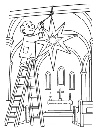Uomo appende una stella nella chiesa disegno da colorare PDF gratis