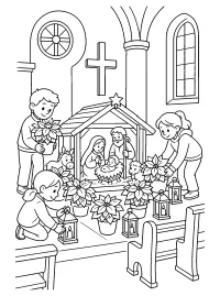 Bloemen rond de kerststal in de kerk kleurplaat gratis PDF