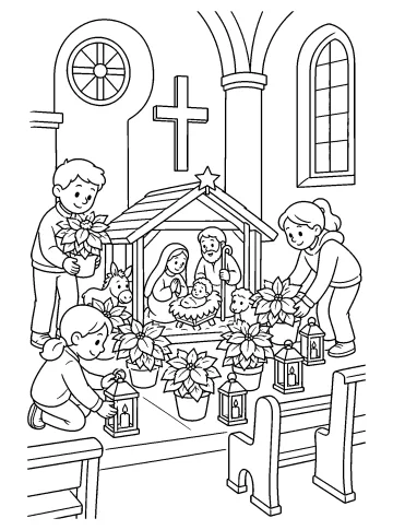 Mensen zetten kerststerren en lantaarns rond een kerststal in een kerk.