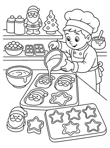 Pasticciere con cappello da chef davanti a stampi di Babbo Natale e stelle in un laboratorio natalizio